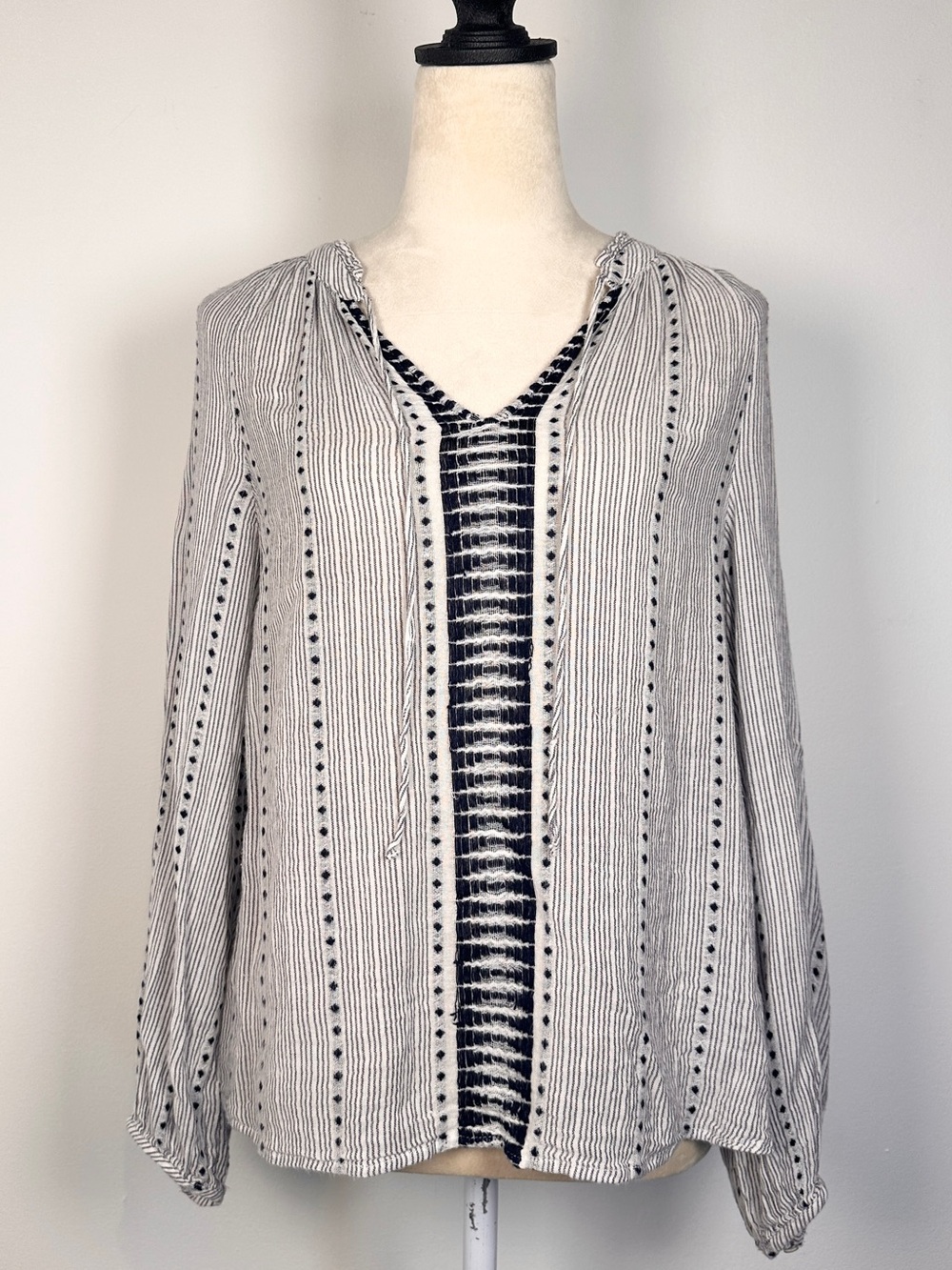Lucky Brand Boho Striped Blouse Size S Blue White Tassel Top